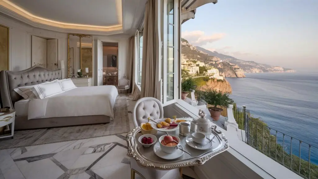 A luxurious hotel suite perched on a cliff overlooking the serene Amalfi Coast, epitomizing the essence of luxury travel.