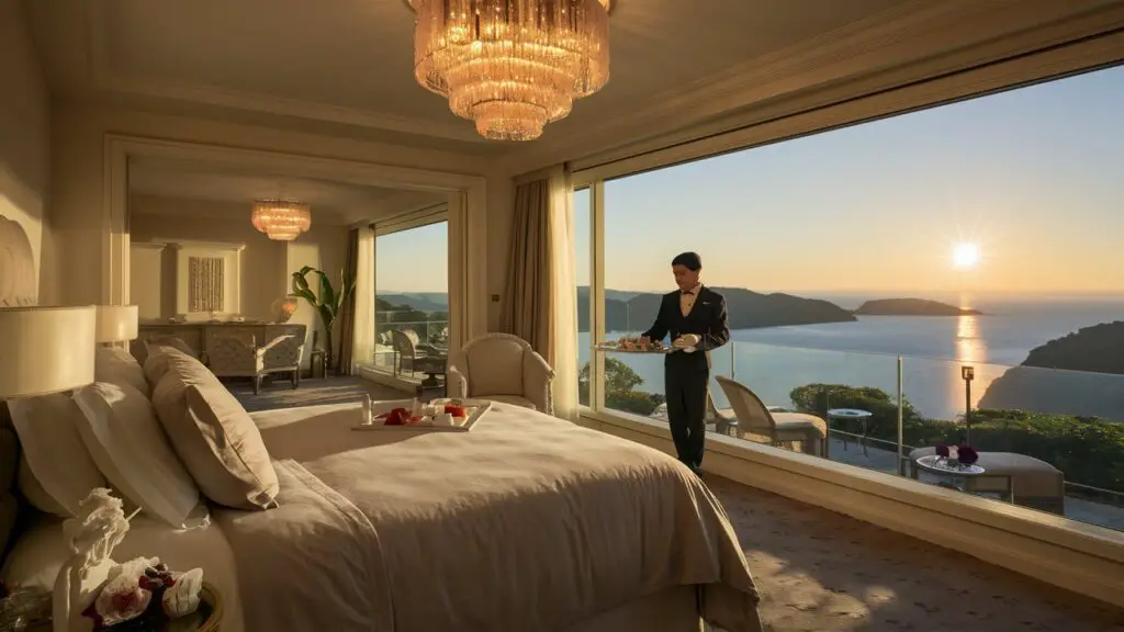 A luxurious hotel suite with a breathtaking panoramic view, featuring a private butler serving breakfast, perfect for luxury travel enthusiasts.