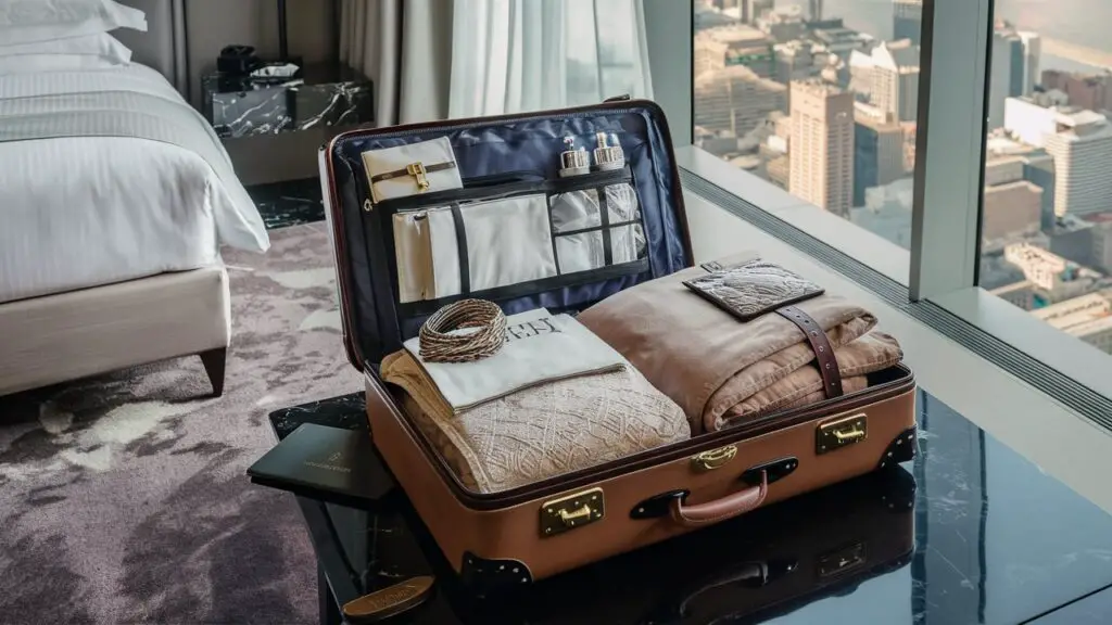 A well-packed suitcase with high-end essentials and chic outfits, set against a backdrop of a luxurious hotel room, ideal for luxury travel planning.