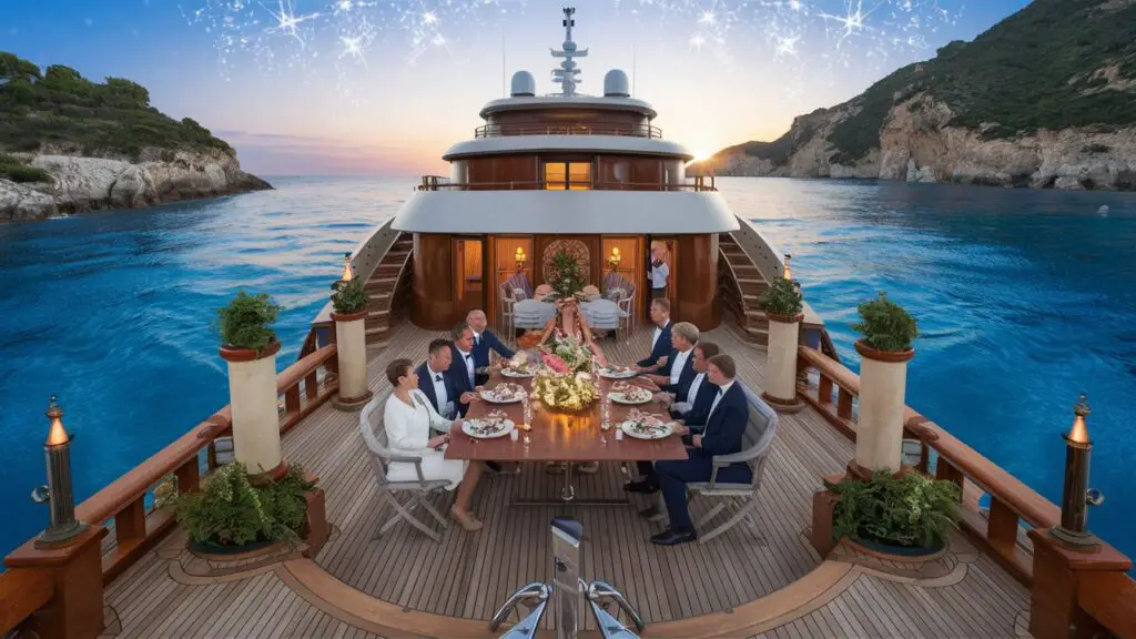  A stunning image of a luxurious private yacht, elegantly set for a gourmet dinner at sea, showcasing the ultimate in luxury travel experiences.
